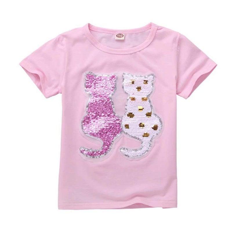 Szytypyl Cats Magic Sequins Girls T-Shirt Fashion Short Sleeve Crew Shirts Child Pink Pullover Tops - Image 1